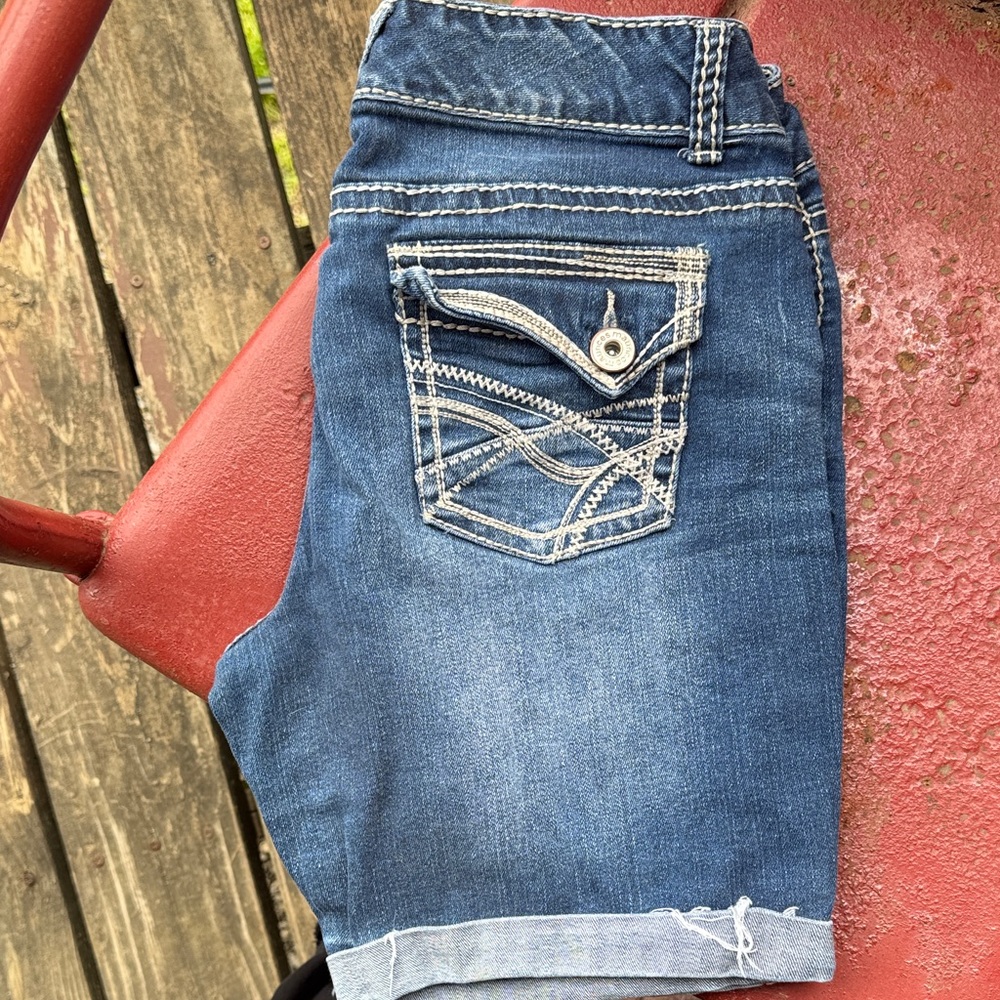 Maurices Dark Blue Denim Jean Shorts with Contrast Stitching - Picture 2 of 3